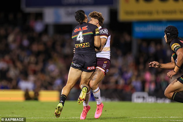 May also provided a major talking point with footy fans in March after this hit on Broncos fullback Reece Walsh (pictured)