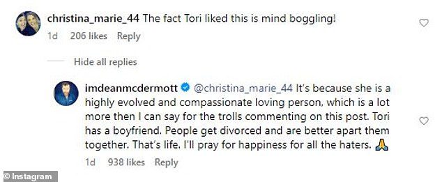 “It's because she is a highly developed, compassionate, loving person, and that's much more [than] I can say it for the trolls commenting on this post,” Dean replied to a critic