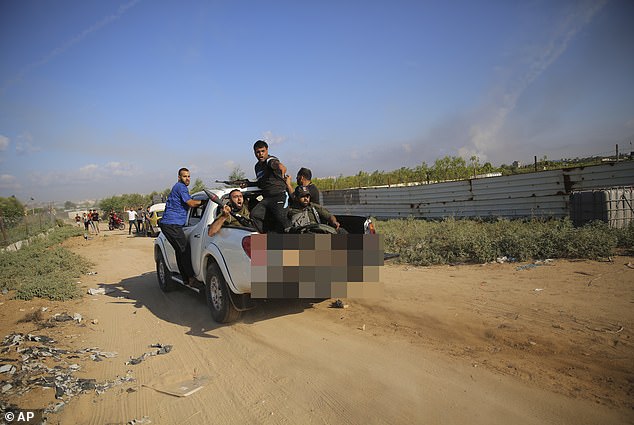 A particularly gruesome series of images shows terrorists parading the body of festival-goer Shani Louk, 22, an Israeli-German tattoo artist, through Gaza