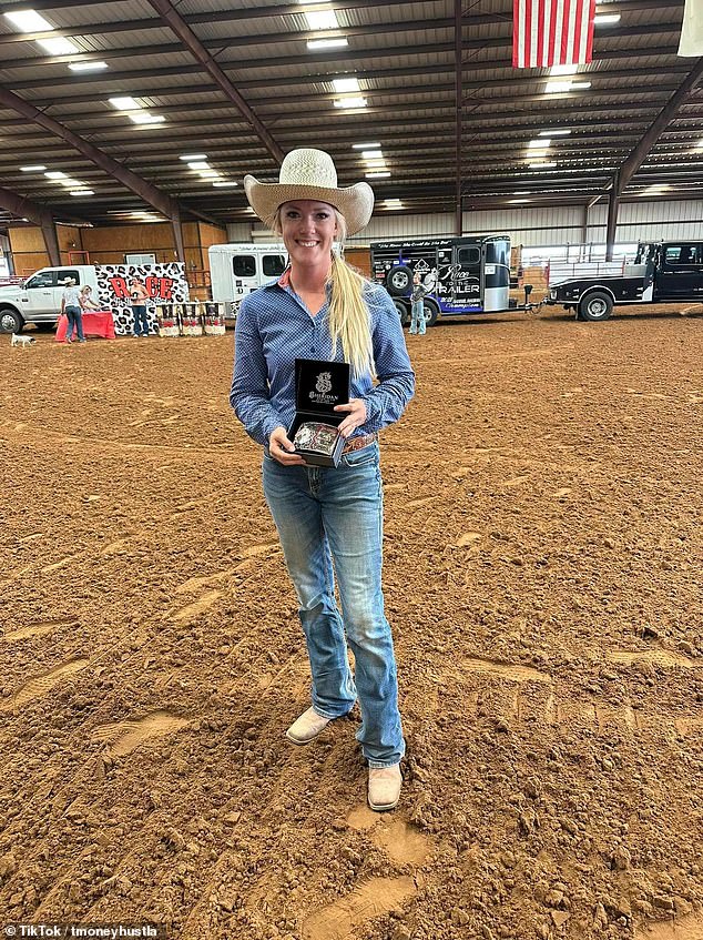 Taylor participates in horse racing.  In the photo she shows off an award