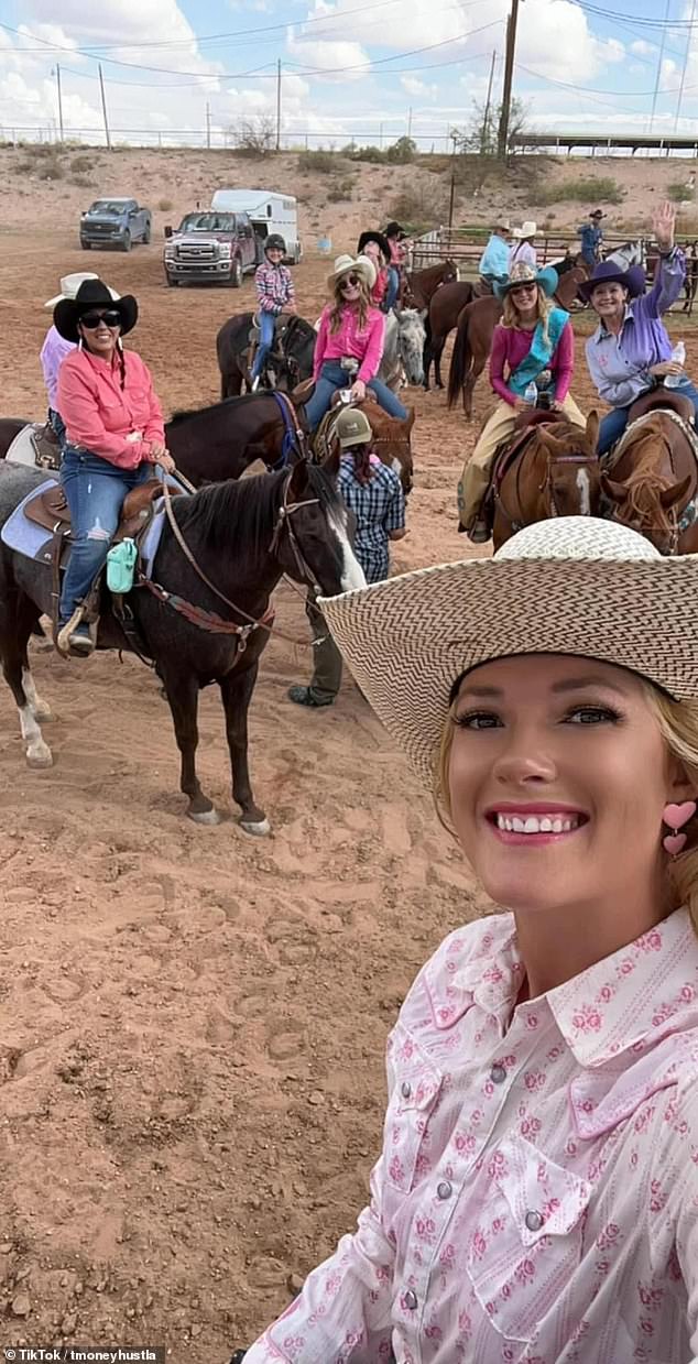 A close-up of Taylor with friends all having fun 'horse riding'