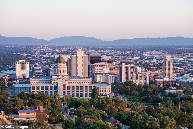 In contrast, the most booming economies were more dispersed.  Utah, Idaho, Virginia, Colorado, Washington, Alaska and Arizona were among those in attendance.  Pictured: Salt Lake City, Utah