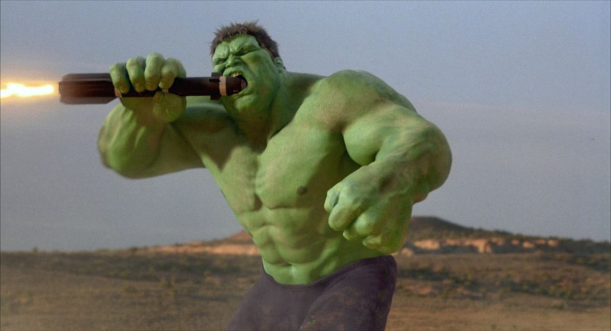 A giant, shirtless green man in purple shorts who bites the head of a ballistic missile in Hulk.