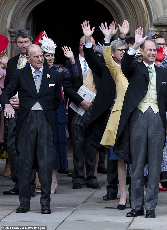 The Duke of Edinburgh, Prince Edward and Princess Beatrice all waved goodbye to the happy couple