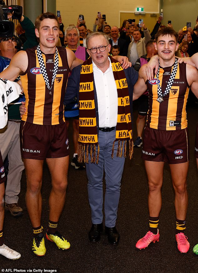 Anthony Albanese was roasted for his surprise post-match appearance in the dressing room of AFL club Hawthorn last weekend (pictured)