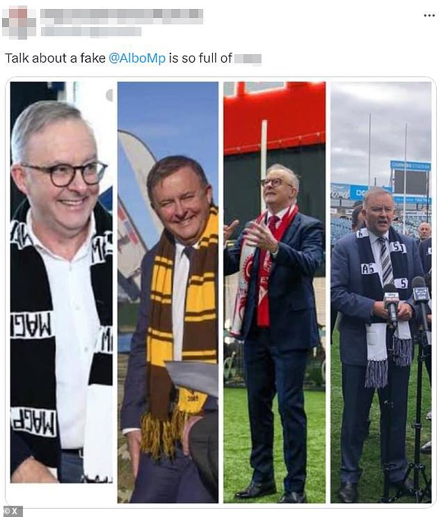 Part of Anthony Albanese's long history of wearing the scarves of various sports teams was documented in this angry tweet (pictured)