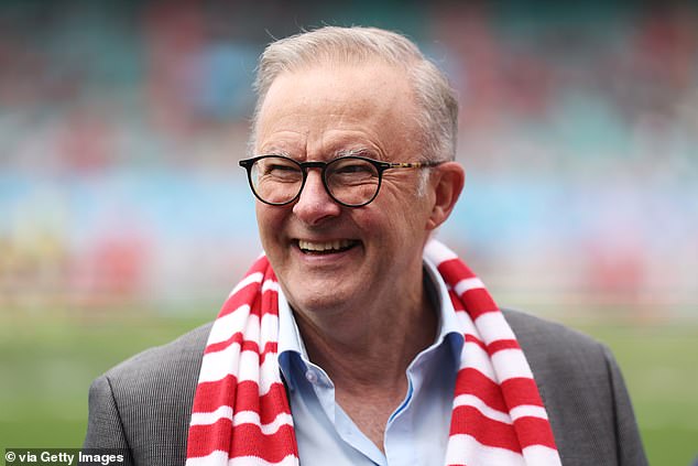 Anthony Albanese is pictured during the AFL match between Sydney Swans and Gold Coast Suns at the SCG on April 21, 2024