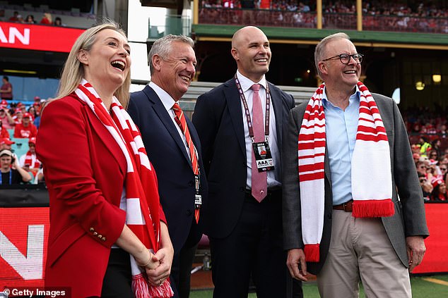 Pictured from left to right are Jodie Haydon, fiancée of Anthony Albanese, Suns CEO Mark Evans, Swans CEO Thomas Harley and Australian Prime Minister Anthony Albanese at the SCG, on April 21, 2024, in Sydney