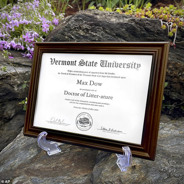 “With a resounding purr of faculty approval, the Board of Trustees of the Vermont State Cat-leges has awarded Max Dow the prestigious title of Doctor of Litter-ature, complete with all the catnip perks, scratching post privileges and litter.  box responsibilities that come with it,” the Instagram post said.