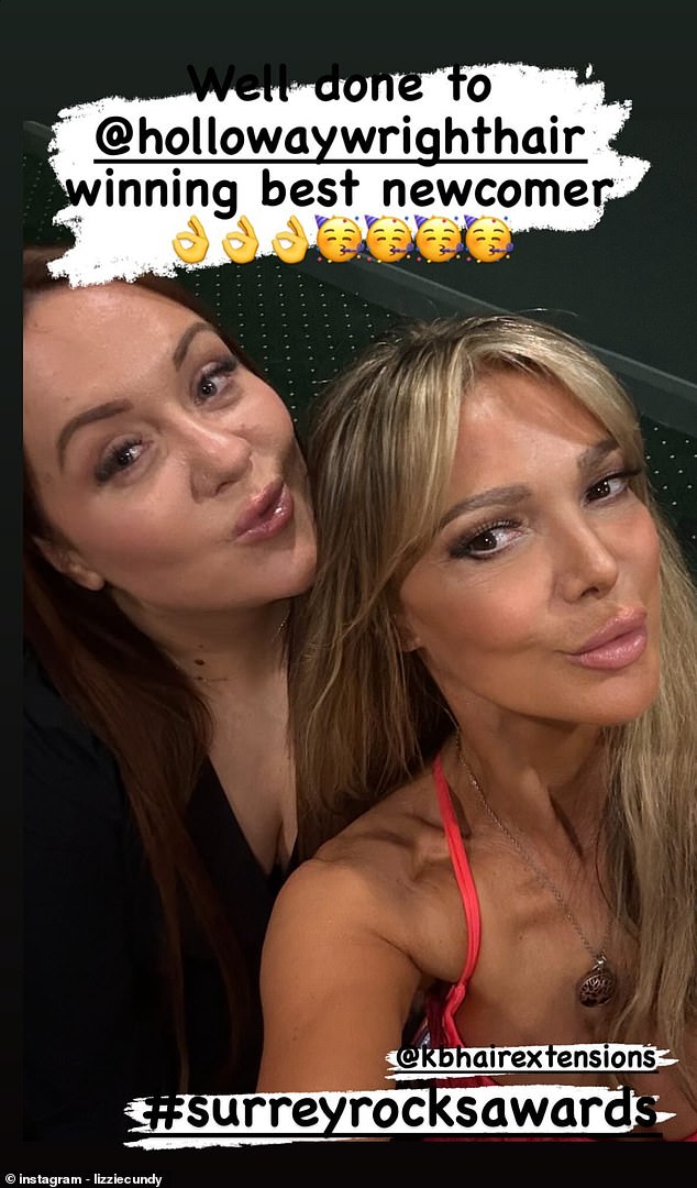 She shared a pouting selfie with a friend and wrote: 'Well done on @hollowaywrighthair winning best newcomer'
