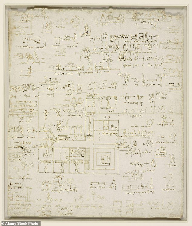 A page with his sketches including an architectural plan with notes