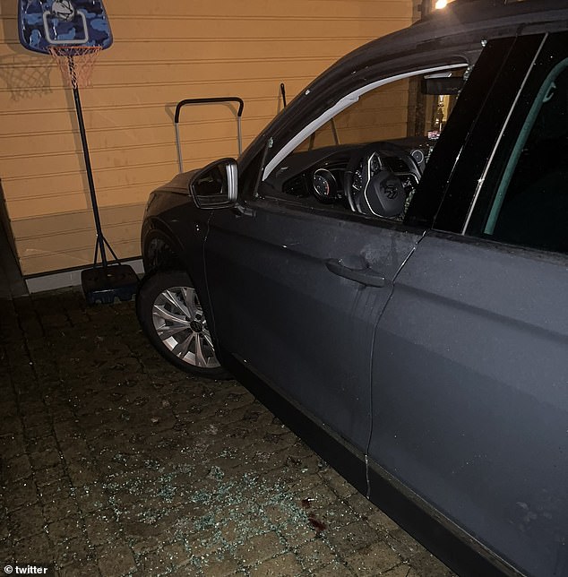 The attacker smashed a window of Volkov's car (pictured), sprayed tear gas into his eyes and started hitting him with a hammer, Navalny's spokeswoman Kira Yarmysh said.