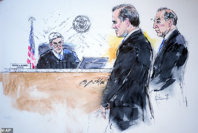 A court sketch of Hunter Biden with his attorney Abbe Lowell in federal court on January 11, 2024. The president's son pleaded not guilty to federal tax charges filed after a plea deal imploded
