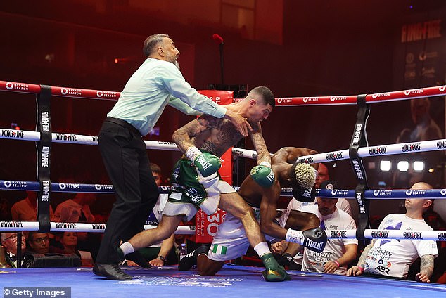 Chamberlain (center) slammed his opponent to the canvas twice during the fight before delivering a brutal knockout punch