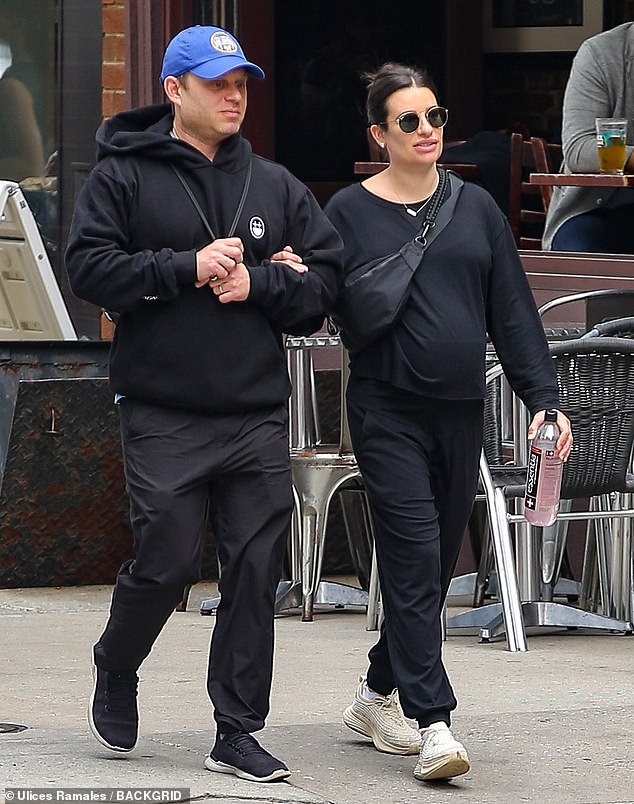 The Glee star, who revealed she is expecting a girl, held her husband's arm.  The president of the clothing company AYR looked relaxed in a black hoodie and joggers with black sneakers.  The couple are parents to son Ever, four