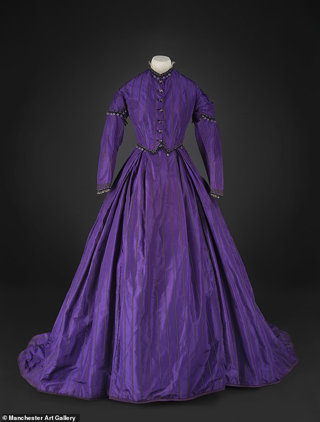 Queen Victoria herself popularized the new wave of synthetically colored clothing, such as this day dress from the late 1860s, which helped Perkin's Mauve spread across the country and end up on a few flags.