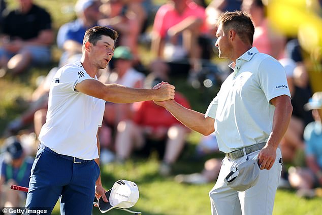 DeChambeau finished the third round in a tie for fourth place alongside Viktor Holvland (left)