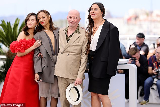 Selena Gomez, Zoe Saldana, Jacques Audiard and Karla Sofía Gascón seen during the photocall