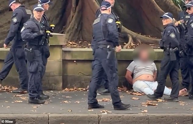 The man (pictured) was later arrested and was surrounded by several police officers and paramedics as a police operation was carried out in the area.