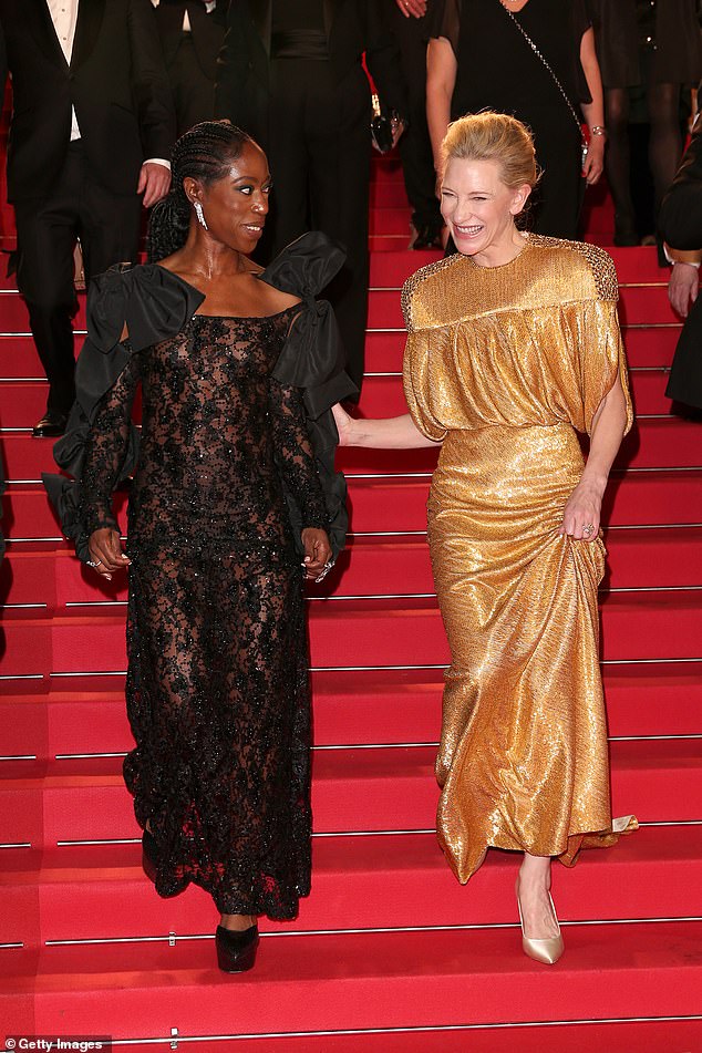 Cate was joined on the red carpet by her co-star Nikki Amuka-Bird, 48, (left), who cut a glamorous figure in a sheer black lace dress