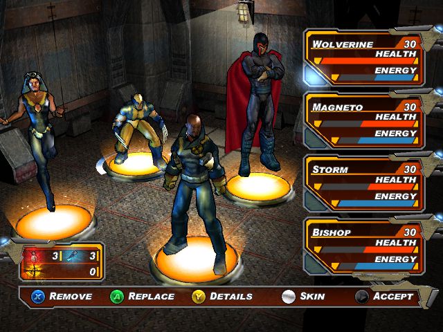 Character selection screen in X-Men Legends II: Rise of Apocalypse, featuring Wolverine, Magneto, Storm and Bishop.