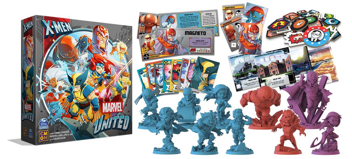 Box, cards and figurines for the Marvel United: X-Men board game