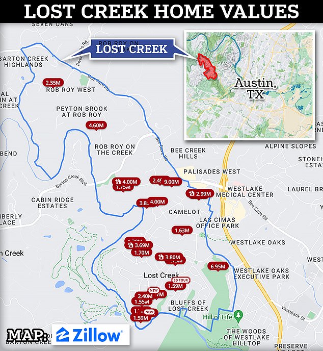 A map of homes for sale in Lost Creek shows the prices of homes in the area, according to Zillow