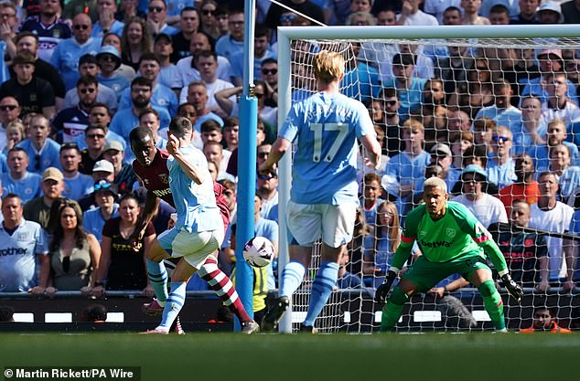 Phil Foden scores City's second goal of the match during a 3-1 win over West Ham at the Etihad Stadium