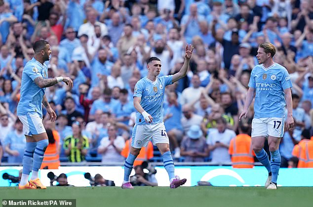 The England star bagged a brace as City triumphed 3-1 over West Ham on the final day