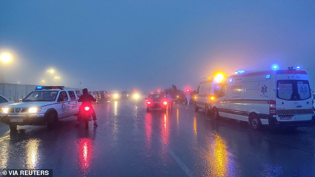 Rescue vehicles taking part in the search for the crashed helicopter carrying President Raisi