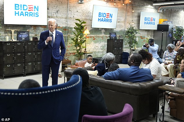 President Joe Biden spoke briefly with supporters at CRED Cafe Sunday in Detroit, Michigan.  Owned by the Crawford family, including NBA players Joe and Jordan Crawford, it is a coffee shop by day and speakeasy by night