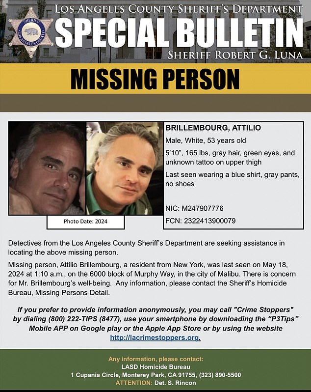 “There is concern for the welfare of Mr. Brillembourg,” the Sheriff's Department said in its missing persons report.