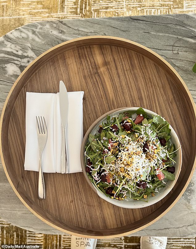 A relaxing massage follows with the spa's signature aromatherapy blend, before being taken to the tranquil spa area for a private lunch before the nutritional part of the day (beetroot and orange salad is pictured with roasted pistachio, vegan feta, rocket, pomegranate and syrup)