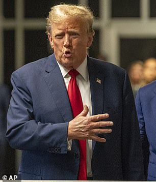 President Donald Trump speaks outside the courtroom