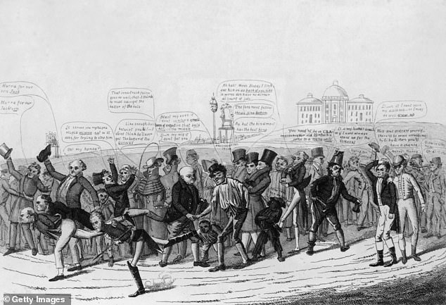 A cartoon from the 1824 election showing a foot race to the White House with candidates John Quincy Adams, William Crawford, and Andrew Jackson