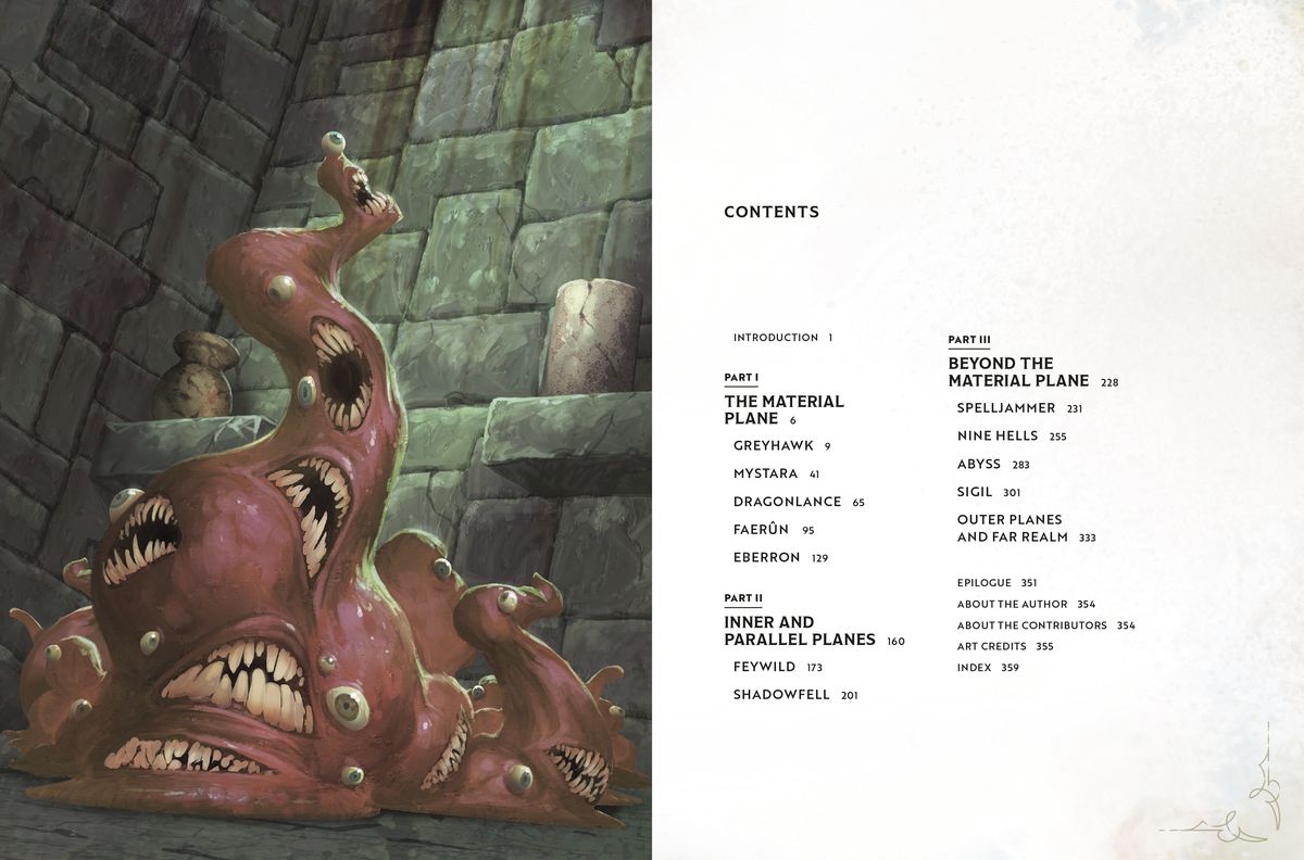 The table of contents is from the Worlds & Realms book.  The left page shows gibberish in a stone room and the right page is a white page with the contents of the book.