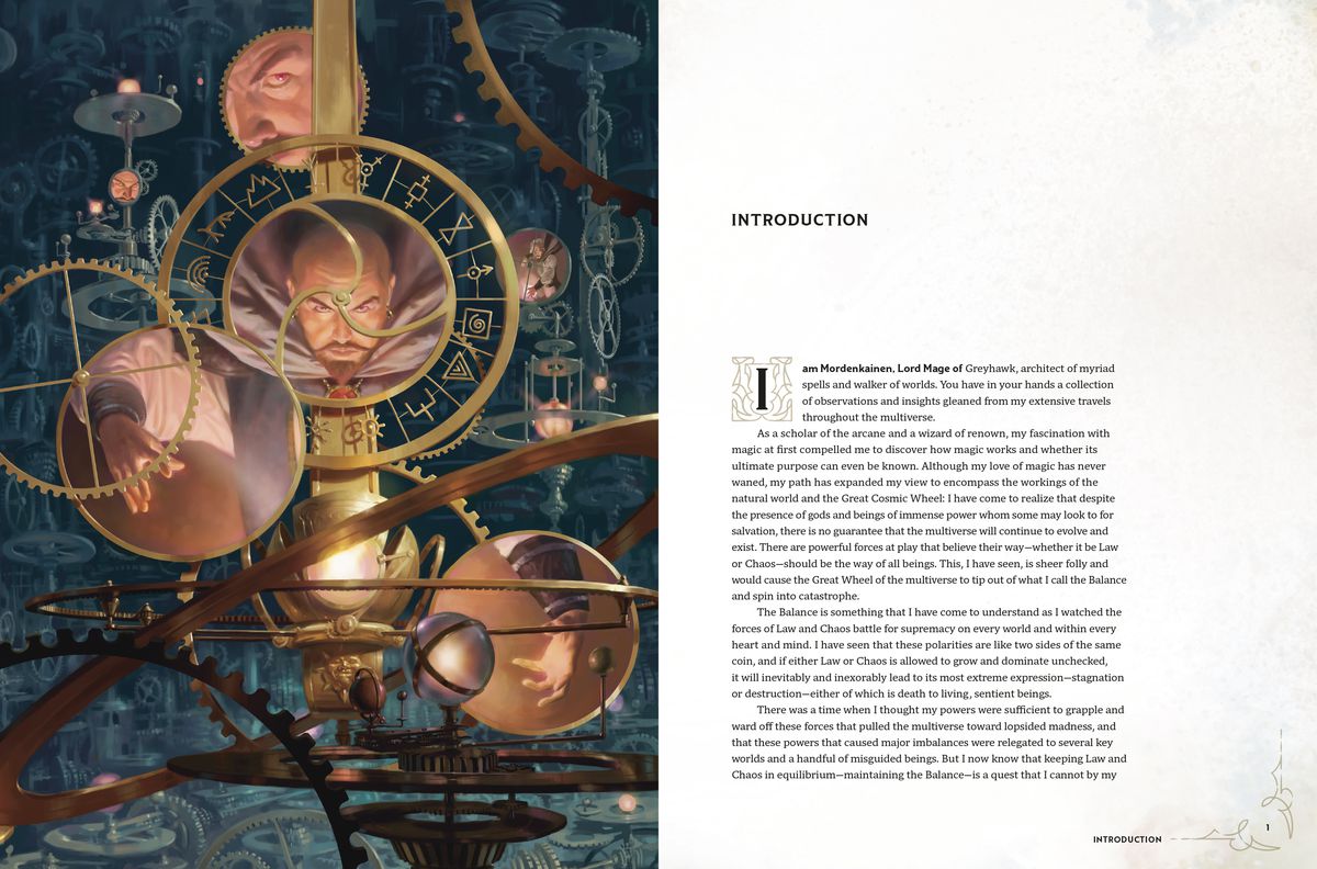 The first spread of the introduction section in Worlds & Realms.  The left page shows the mage Mordenkainen staring into space on a layered teal background with gears and circles in the foreground.  The right page is white with the black text of the introduction to the book.