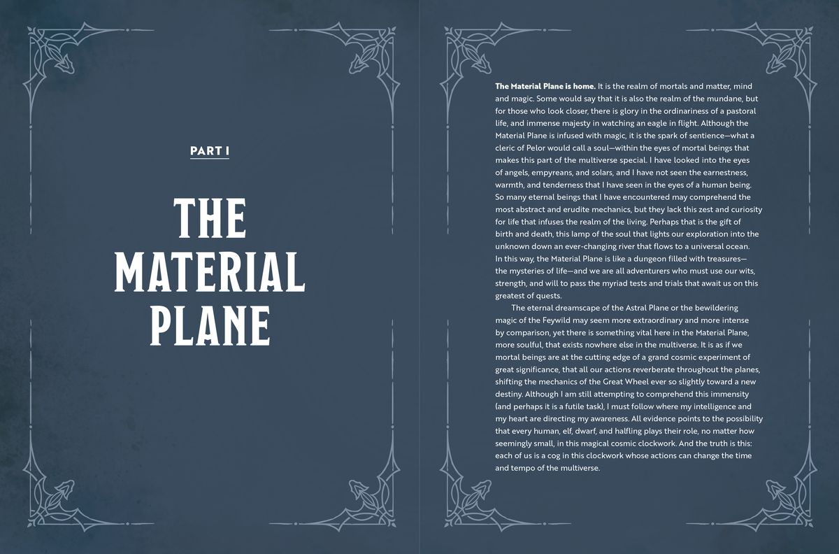 The first spread of the Material Plane section of the Worlds & Realms book.  The left page reads 'Part 1 The Material Plane', while the right page features a block of text from Mordenkainen's story.