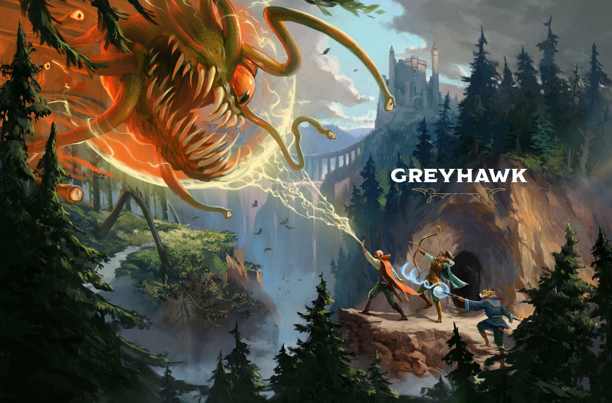 A two-page spread from the Worlds & Realms book where magic users stand on a cliff and attack a giant beast.  The section title “GREYHAWK” is printed on the right page.