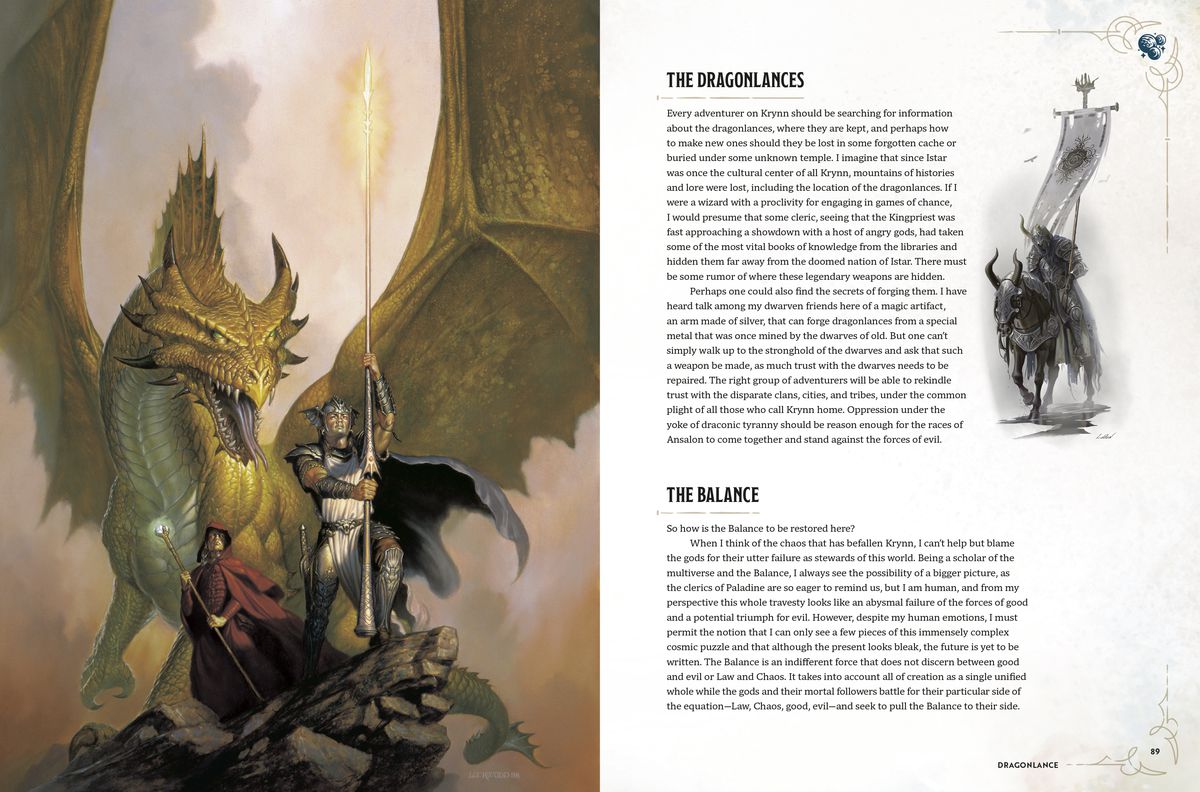 A two-page spread from the Worlds & Realms book.  On the left page is an image of a warrior holding a dragon lance, next to a figure in a red cloak holding a staff.  Behind them is a golden dragon.  On the right-hand page the text is split into two sections, entitled 'THE DRAGONLANCES' and 'THE BALANCE'.