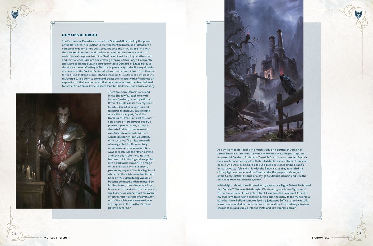 A two-page spread from the Worlds & Realms book on the Domains of Dread.  There is text on both pages in blue boxes.  The left page features an image of a Darklord, while the right page features a castle in Barovia.