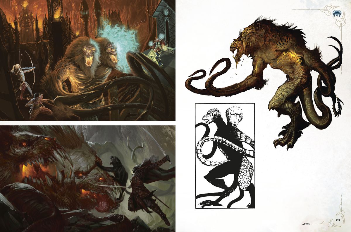 A two-page spread from the Worlds & Realms book.  There are two images on the left page.  On top, two people fight a two-headed monster.  The bottom image is a person and a panther fighting a very large clawed beast.  The right page shows a black and white and color version of the two-headed monster.