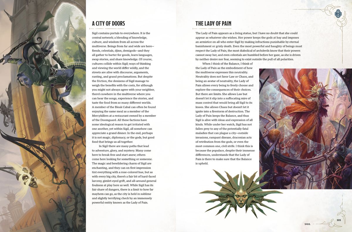 A two-page spread from the Worlds & Realms book.  On the left page there is text in a section titled “A CITY OF DOORS” and an image of a ranger falling through a door.  On the right page, there is text in a section titled 