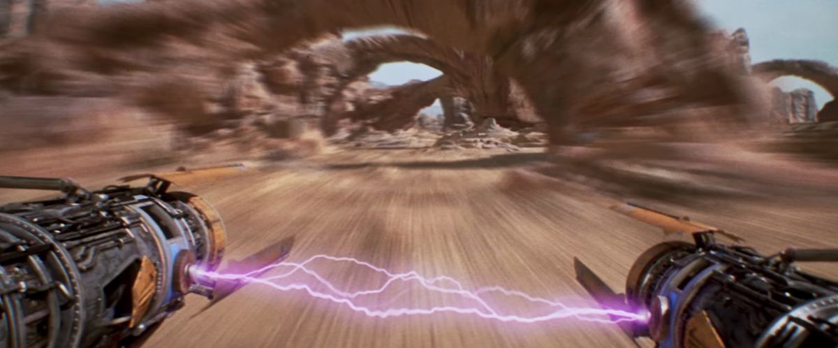 a POV shot from Anakin's pod racer in Star Wars: The Phantom Menace