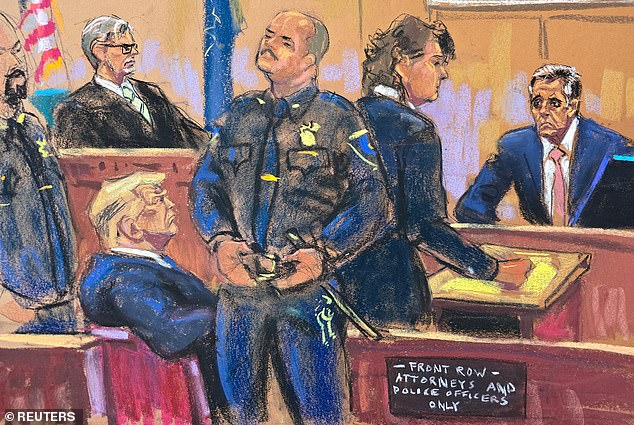 A sketch of Trump in court on May 20 as prosecutor Susan Hoffinger questioned witness Michael Cohen in the hush money trial during diversion