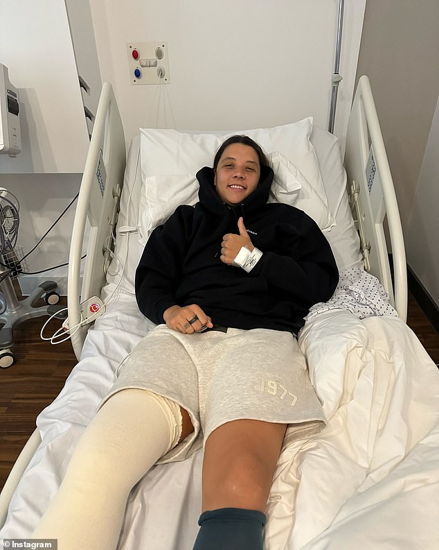 The Matildas and Chelsea superstar tore a ligament in her knee (pictured) in January during a training camp with the British squad