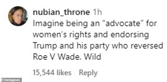 @nubian_throne said: 'Imagine being an “advocate” for women's rights and supporting Trump and his party who overturned Roe V Wade.  Wild'