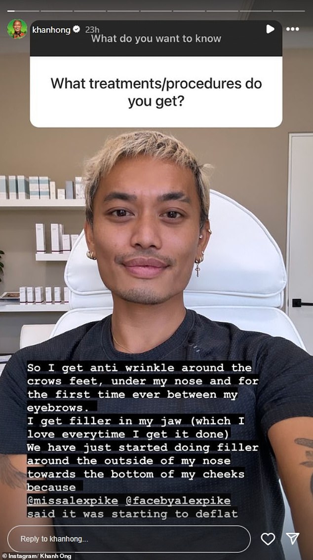 'I get anti-wrinkle around the crow's feet, under my nose and for the first time between my eyebrows.  I'm getting fillers in my jaw (which I love every time I get it done),” he wrote in the caption of his story