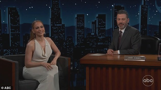 Lopez promoted her upcoming Netflix film Atlas during an appearance on Jimmy Kimmel Live while wearing a long cream dress with a halter top
