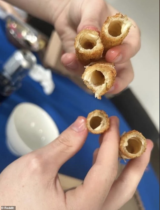 Angry!  In another takeaway disaster, a customer in Britain received mozzarella sticks without filling inside